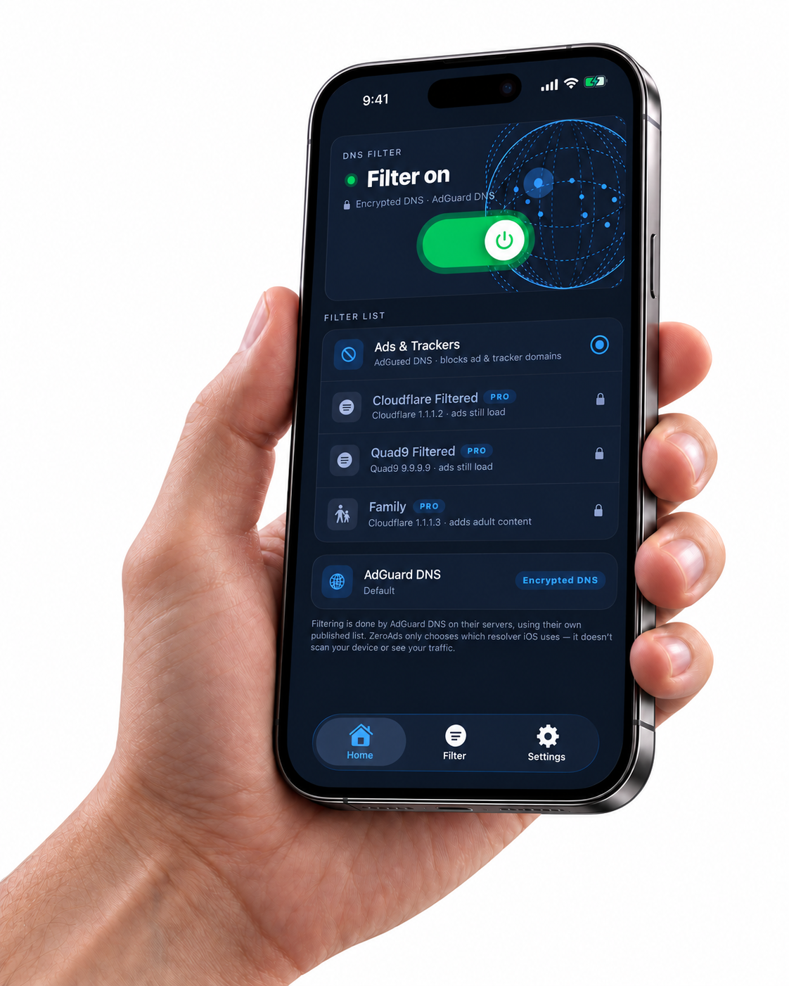 Product illustration of a hand holding Zero Ads on iPhone, with its dark DNS filter interface.